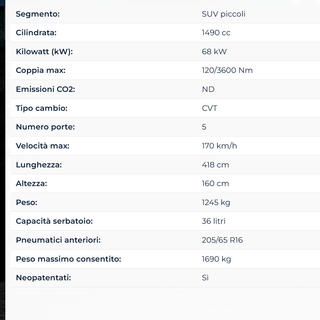 Dati tecnici veicoli